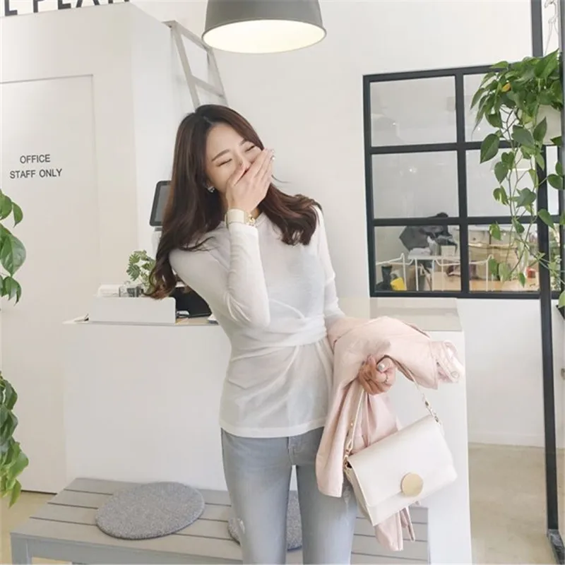 Новая весенняя Сексуальная футболка Женская эластичная в Корейском стиле