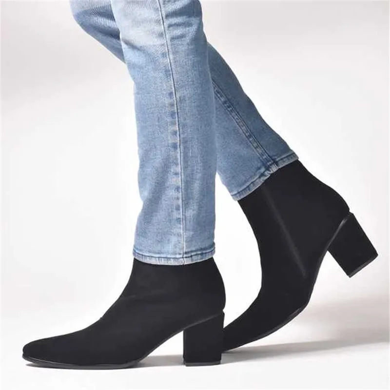 Ботильоны мужские с острым носком мягкая кожа высокий каблук модные