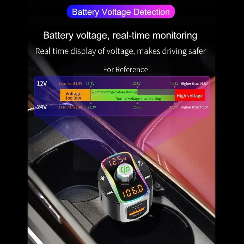 

Car FM transmitter High-quality 7-color ambient light LED kit fast dual display charging backlight player audio W2R7