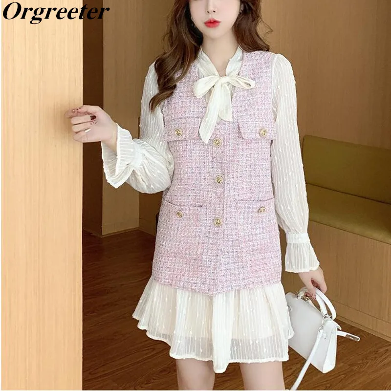 

Autumn New Sweet Pink Tweed Vest and Dress Two piece sets Women Bow Tie Long Sleeve Loose Chiffon Dress Suits Tank Outwear Sets