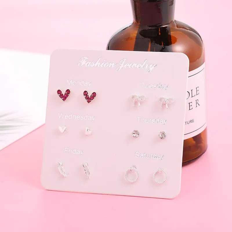 6 Pairs/set, New Earrings for Women Stars Heart Crytal Cute Earrings Fashion Jewelry Monday To Saturday 6 Pairs Earrings - Metal Color: A2