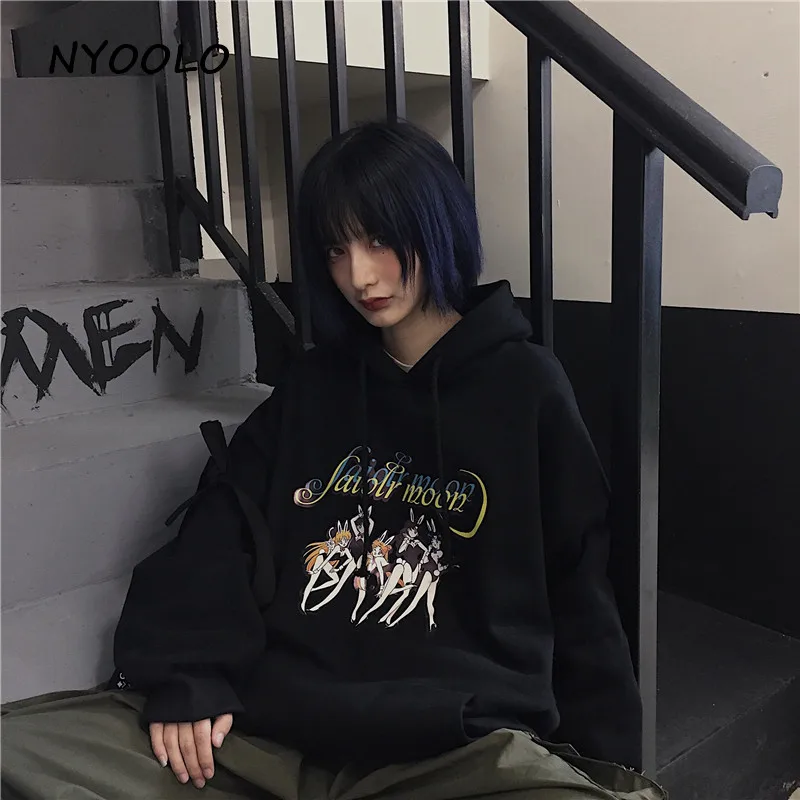 NYOOLO Harajuku мультфильм Сейлор Мун с буквенным принтом свободные теплые толстовки зимние уличные пуловеры с капюшоном флисовая Толстовка для женщин и мужчин