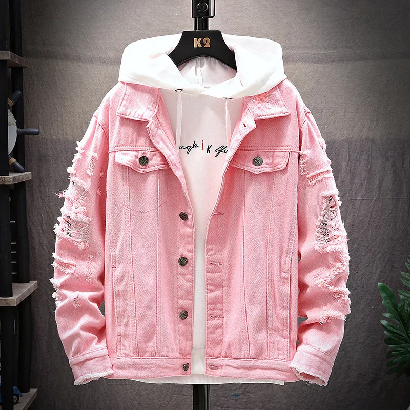 Мужские и женские джинсовые куртки розовые рваные в стиле хип-хоп Свободные