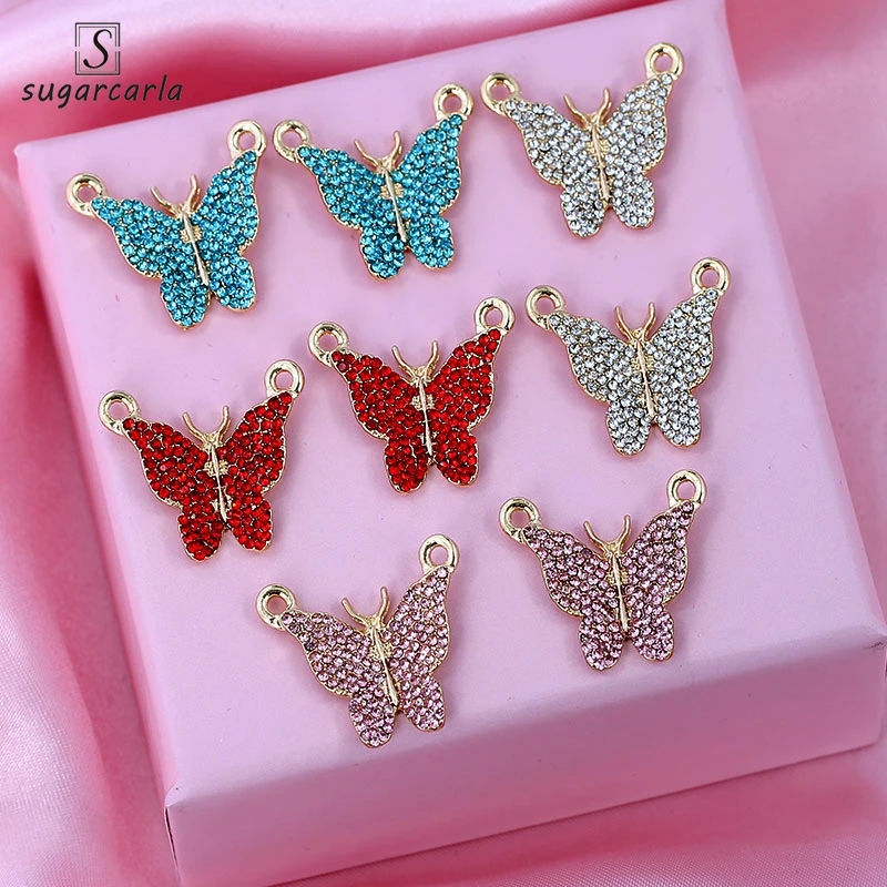 

2Pcs/lot Colorful Shiny Rhinestone Butterfly Charms Pendant Gold Color Metal Insect Pendants For DIY Necklace Making Accessories