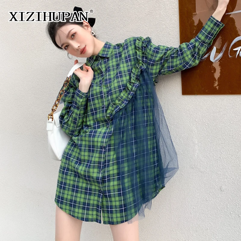 

XIZIHUPAN Green Plaid Patchwork Mesh Shirts For Women Lapel Long Sleeve Casual Straight Blouses Female 2021 Spring Fashion Style