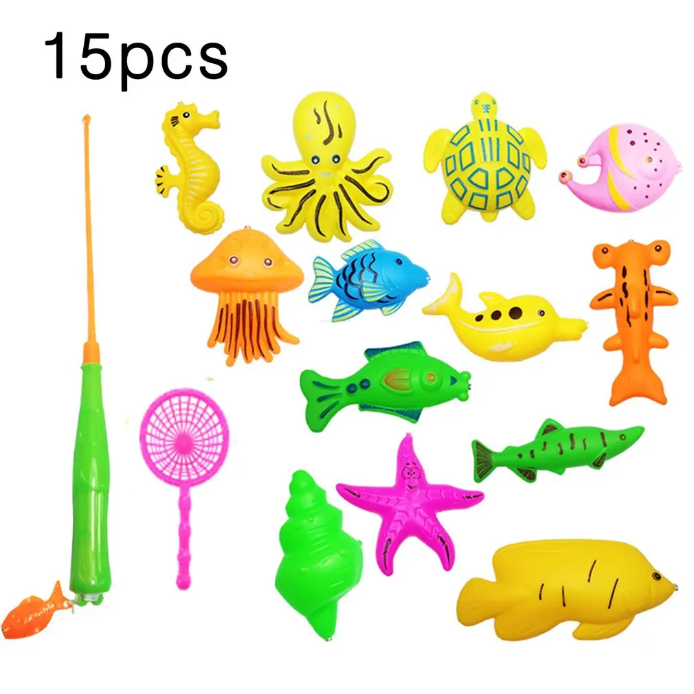 

15/27Pcs Set Plastic Magnetic Fishing Toys Baby Bath Toy Fishing Game Kids 1 Poles 1 Nets 13 Magnet Fish Indoor Outdoor Fun Baby