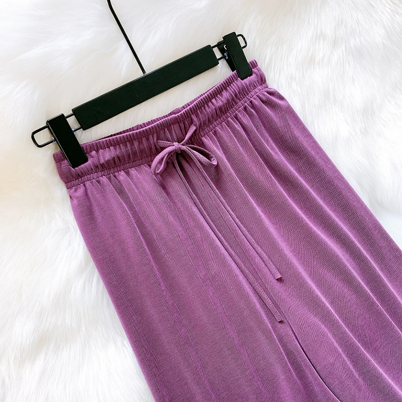 

Wasteheart Summer New Women Fashion Blue Long Loose Pants Wide Leg Pants Elastic High Waist Female Pants Casual Knitted
