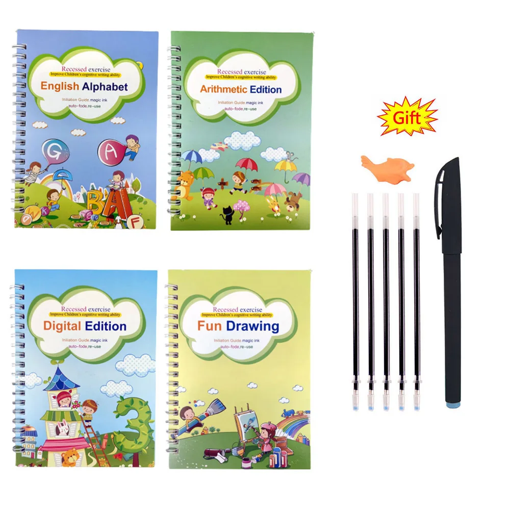 

4 Books Reusable Copybook For Calligraphy Learn Alphabet Painting Arithmetic Math Children Handwriting Practice Books Baby Toys