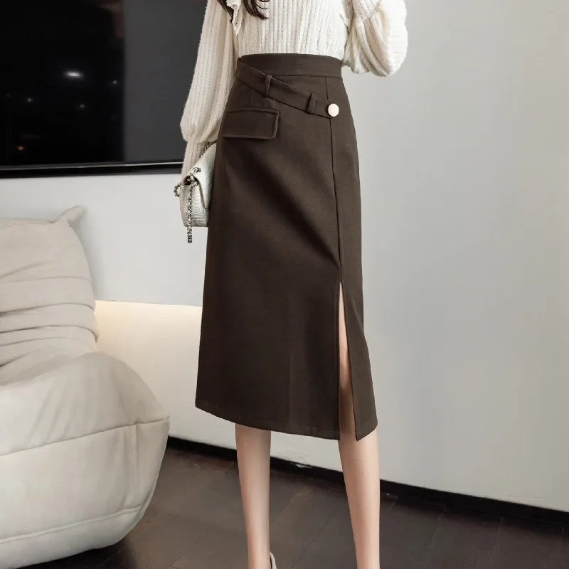

2021 Fall/winter Fashion Woolen Half-length Womens Skirts Slit Mid-length Skirt Asymmetric Button Pocket Bag Hip OL Women Skirt