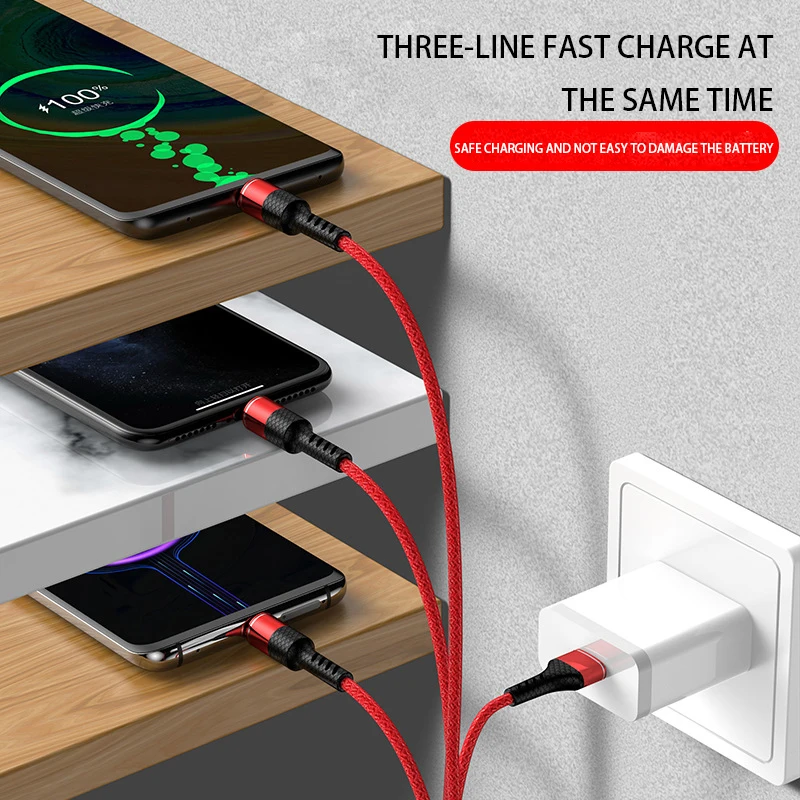 

3 In 1 Fast Charging Cable Type C Micro USB PVC Durable Cable for IPhone Huawei Xiaomi Android Phone Charger Charging Cable