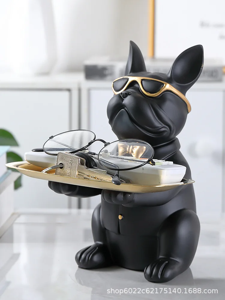

Nordic French Bulldog Sculpture Dog Figurine Statue Key Jewelry Storage Table Decoration Gift With Plate Glasses
