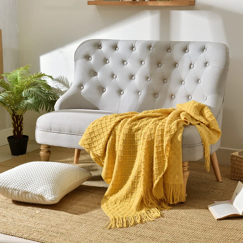 

130*170cm Europe Ins Carpet Tassel Wool Blanket Hotel Office Air Condition Thread Knitted Blanket Home Decorative Tapestry