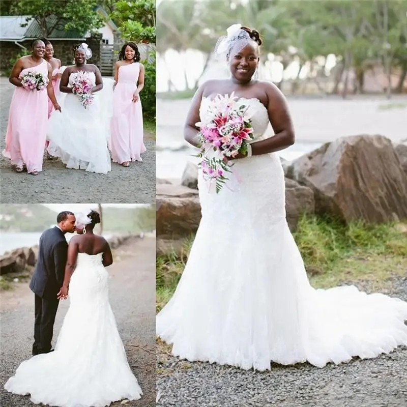 

African Plus Size Mermaid Wedding Dresses Lace Applique Sweep Train Strapless Corset Back Country Wedding Gown vestido de novia