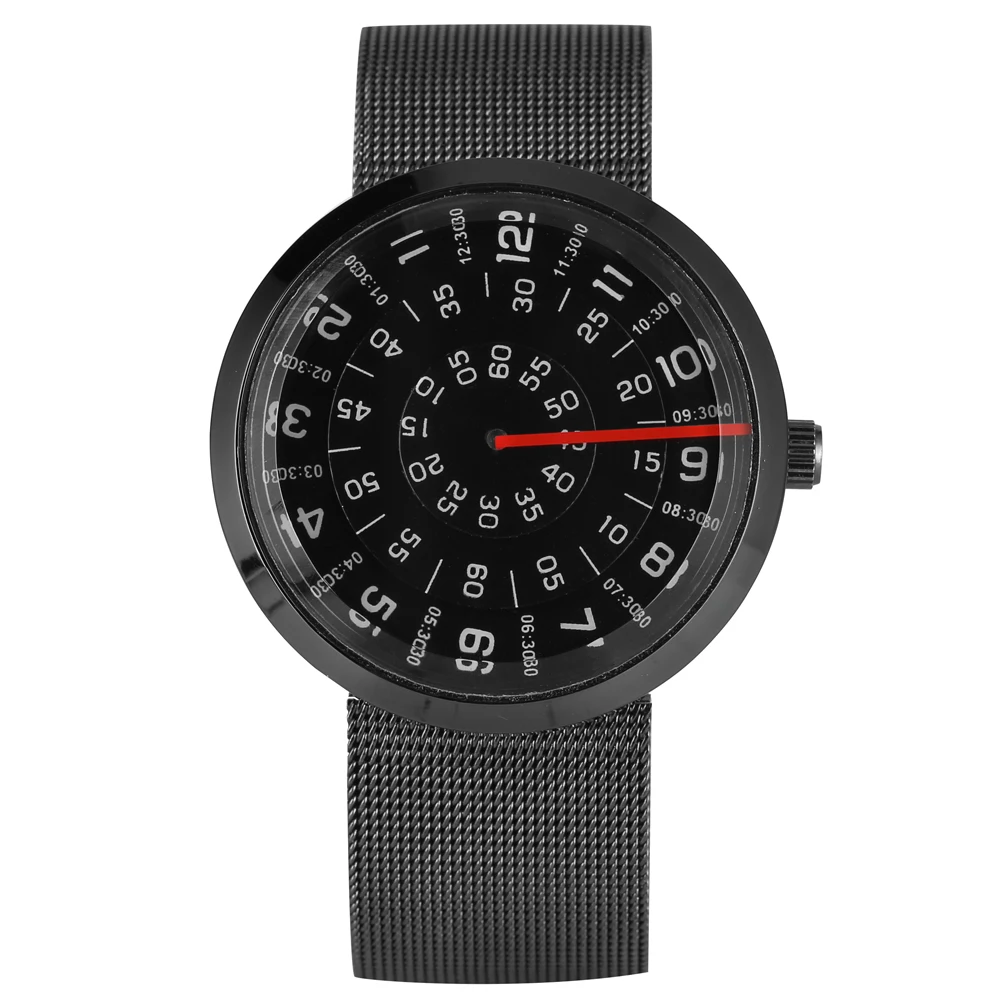 

Creative Turntable Dial Quartz Watch Durable Stainless Steel Mesh Strap Black Case Wristwatch Gifts for Men Relogios