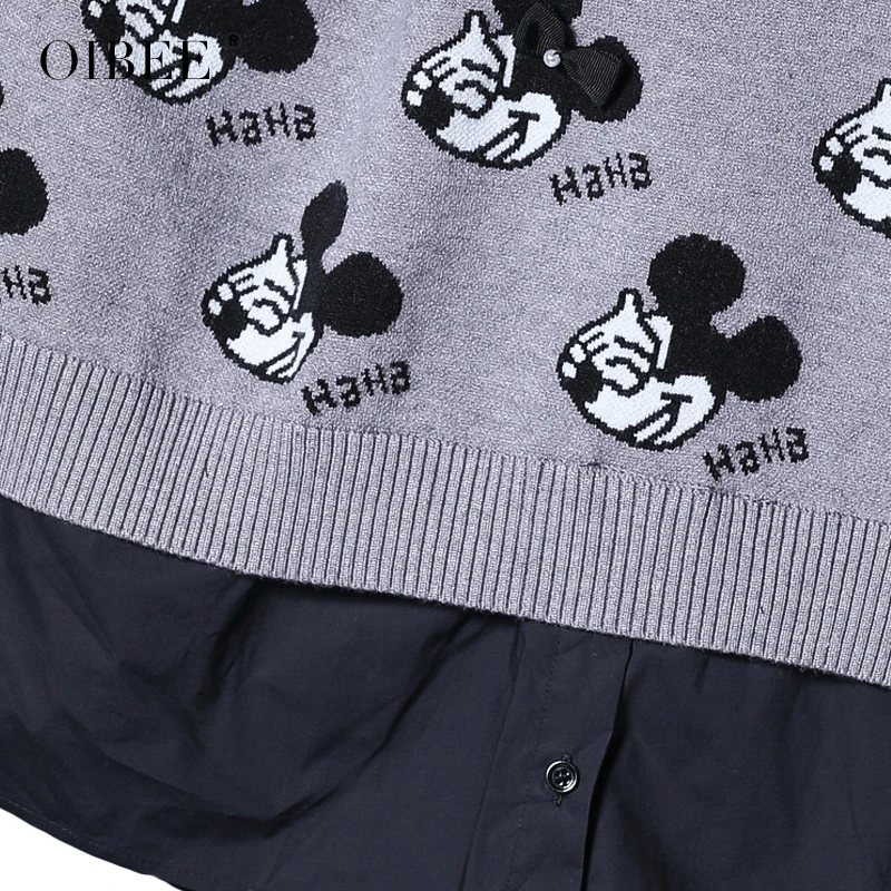 

OIBEE Ou pyrene bat sleeve shirt female 2021 spring fashion print woolen stitching pullover fake two-piece top