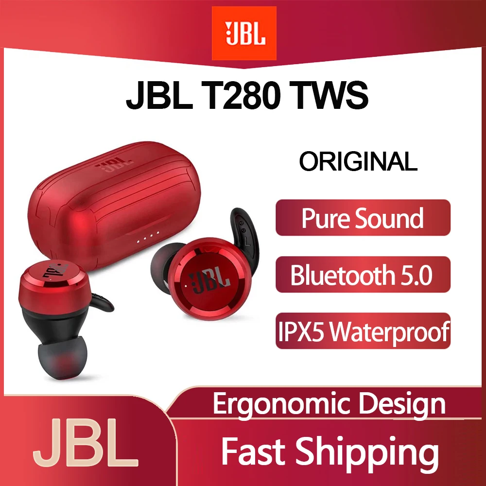 

JBL T280 TWS Bluetooth 5.0 True Wireless Earphone Ergonomic Design Waterproof Stereo Call Earbuds Lightweight Sports Headset