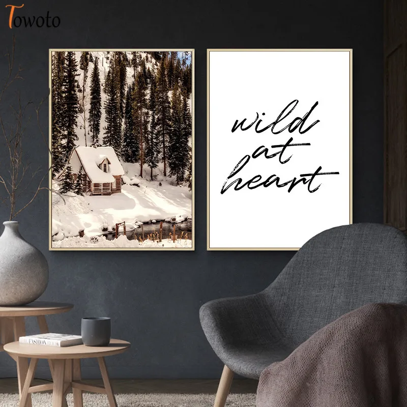 Белый снег лес деревянный дом принт Цитата Nordic плакат Горный пейзаж живопись