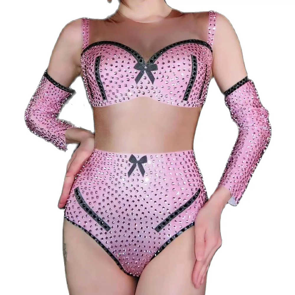 Розовый боди в стразах Соблазнительные личность костюмы для сцены девушек