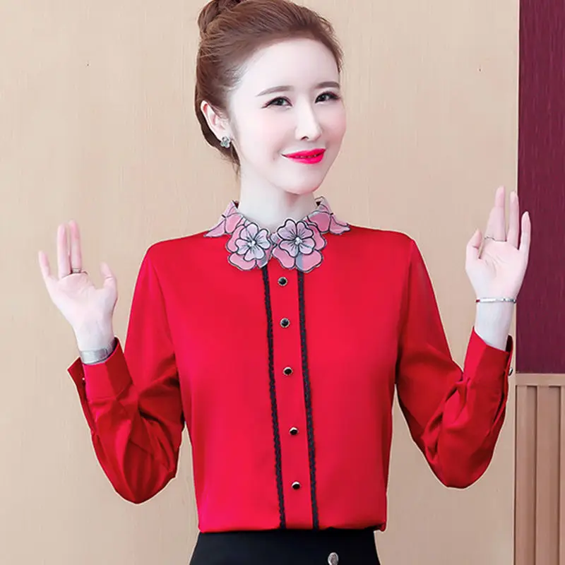 

2021 Women's Autumn Casual Loose Blouses Office Lady Elegant Solid Color Chiffon Shirts Female Long Sleeve Blouses Tops Q637