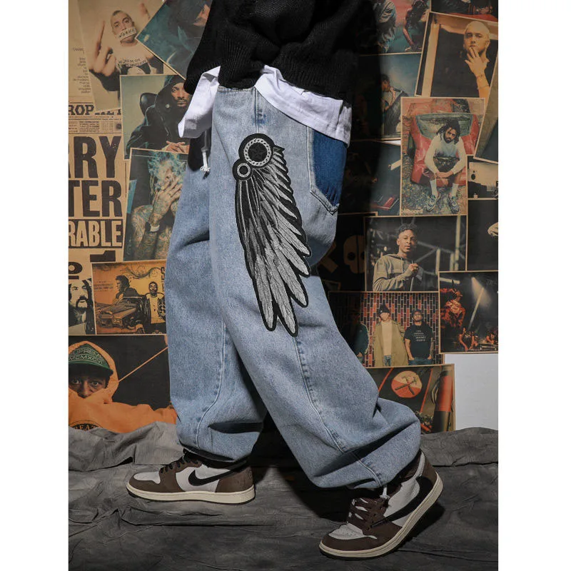

Men's Long Pants Baggy Loose Fit Jeans Rap Hip Hop Denim Trousers Casual Embroidery Wings Trousers