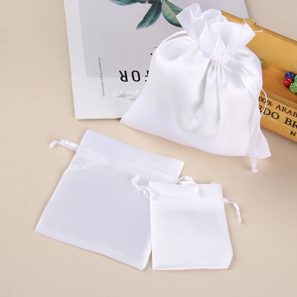 5 шт. белые атласные подарочные пакеты на шнурке шелковые тканевые мешочки
