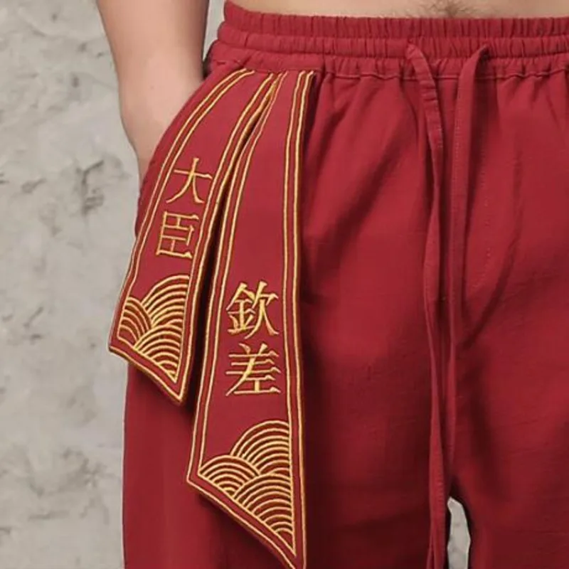 

#8012 Summer Hip Hop Harem Pants Japanese Streetwear Cotton Linen Pants Men Thin Elastic Waist Embroidery Ribbons White Red Blue