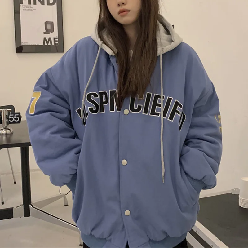 

Stitched Thickened Hooded Cotton Jacket Winter Bf Boyfriend Style Loose Letter Long Sleeve Cotton Jacket Women's