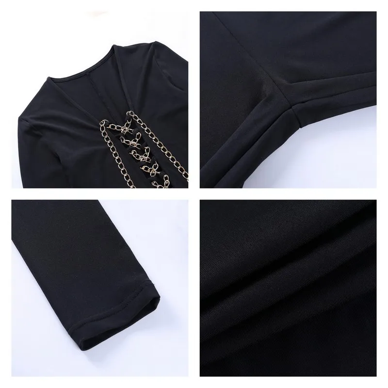 

Angels secret Black Chain Lace Up Autumn Winter Sexy Long Sleeve Fitness Jumpsuits Female Casual Sport Rompers Overalls AG30133