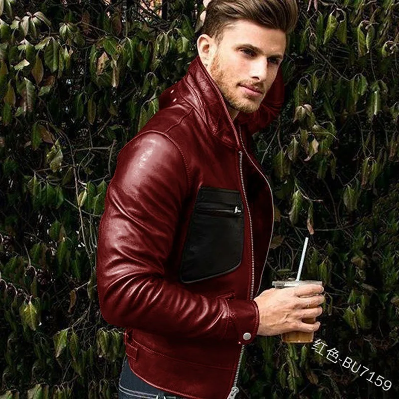 

Men's PU Leather Jacket Stand Collar Vintage Solid Zipper Long Sleeve Spring Autumn Wear-resisting Quality Locomotive Male Coat