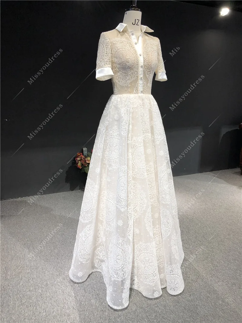2021 Newest High Quality Real Sample Ivory Lace High NIeck Short Sleeves A-line Transparent Back Floor Length Wedding Dress
