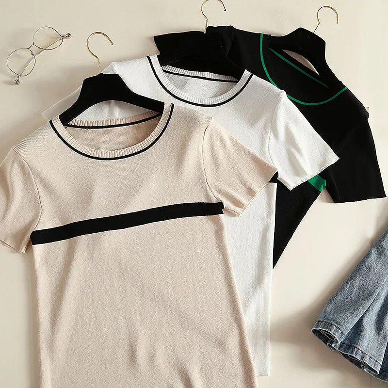 

Thin Ice Silk Knitted T Shirt Women Clothes 2020 Summer Woman Short Sleeve Tees Tops Striped Casual T-Shirt Female Tshirt Femme