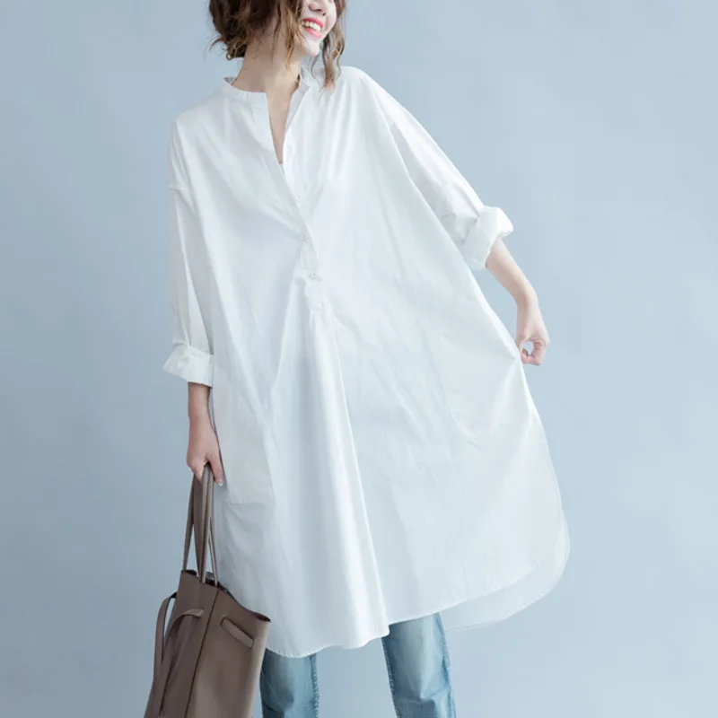 

#2837 Spring Autumn O-neck White Cotton Long Blouse Women Side Split Loose Elegant Blouse Female X-Long Sleeved