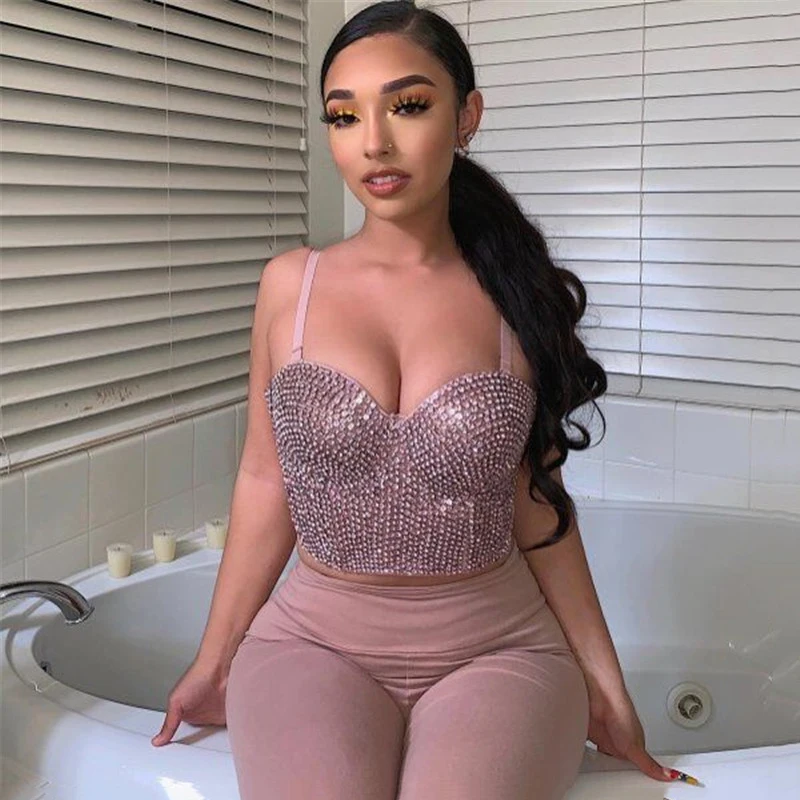Sparkling Hot Diamonds Camisole Top Women Sexy Crop Top Tank and Camis with Padded Nightclub Party Cropped Tops Black or Pink