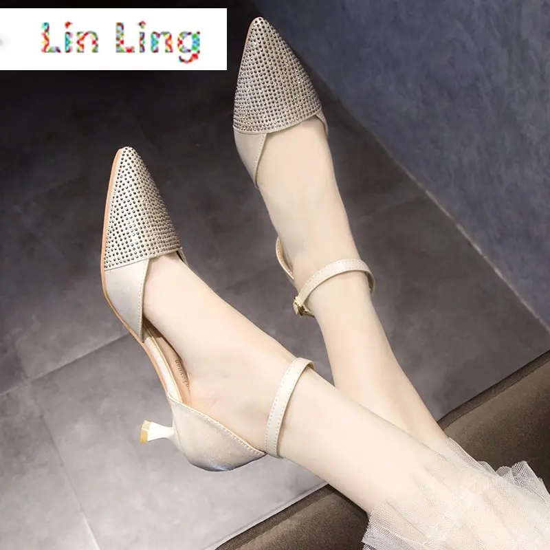 

Rimocy Fashion Crystal Pointed Toe Shoes for Women Pumps Mid Heels Buckle Party Shoes Woman Pink Luxurious Zapatos De Mujer