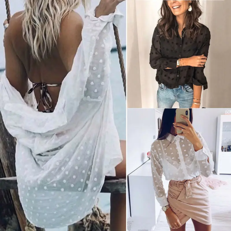 

Women Long Sleeve Turn Down Collar Button Down Dots See Through Tops Ladies Summer Loose Casual Blouse