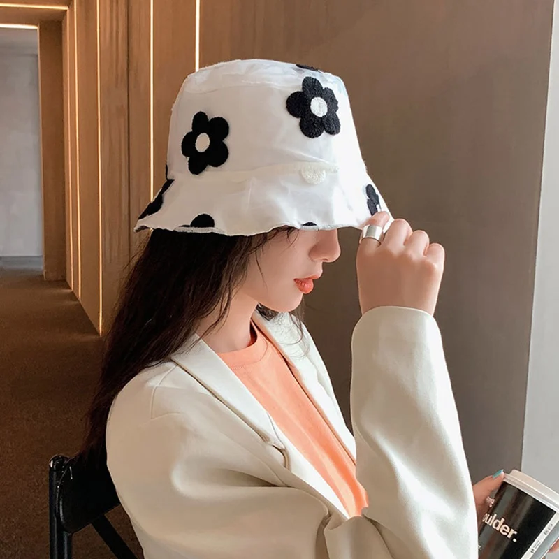 

Fashion Women Summer Embroidery Flower Double-sided Fisherman Hat Sun Visor Bucket Hat Sweet Cute Travel Sunscreen Caps
