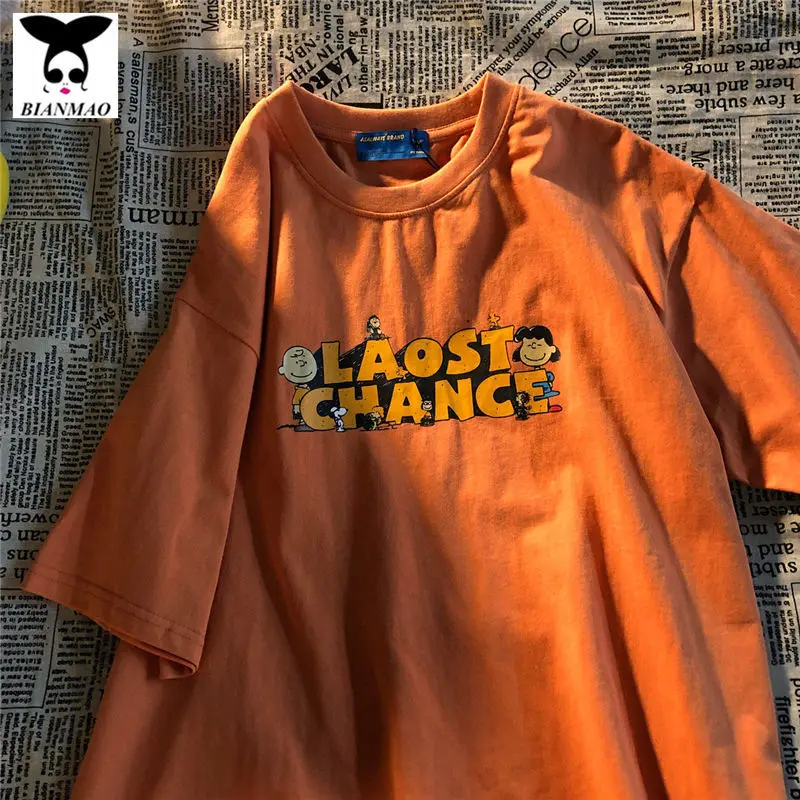 

Cotton Summer American Retro Loose Short Sleeve T-shirt Girls Couple Dress ins Hong Kong Taste Students
