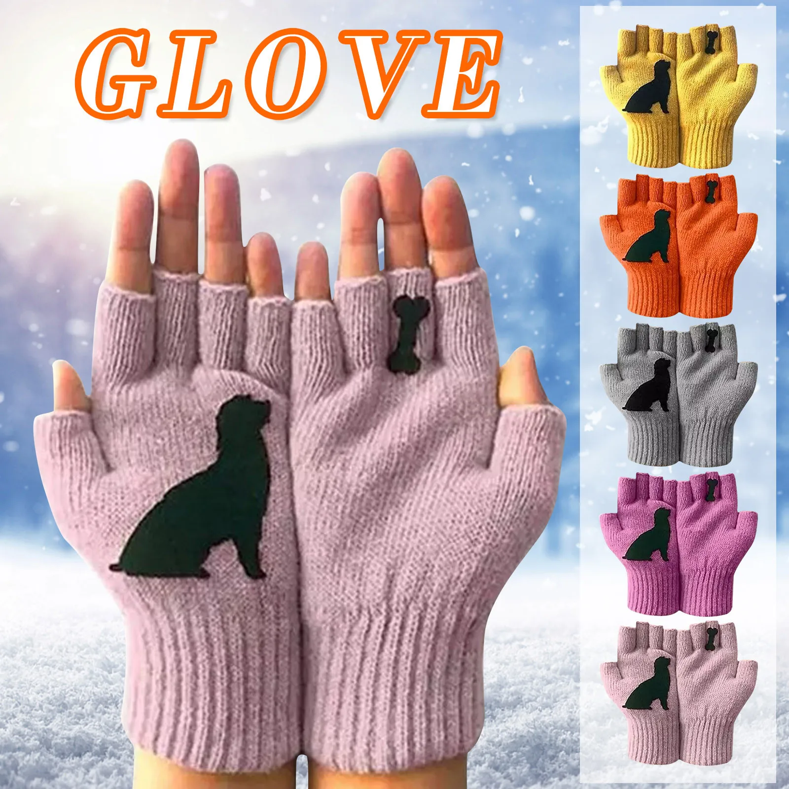 

Trend Ladies Woolen Gloves Autumn And Winter Outdoor Warmth Padded Puppy Bone Cute Printing Fingerless Gloves Lover's Gift