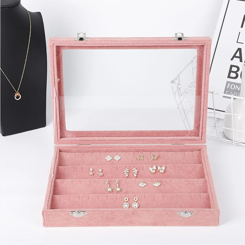 Высококачественная простая розовая витрина для сережек с крышкой пылезащитная