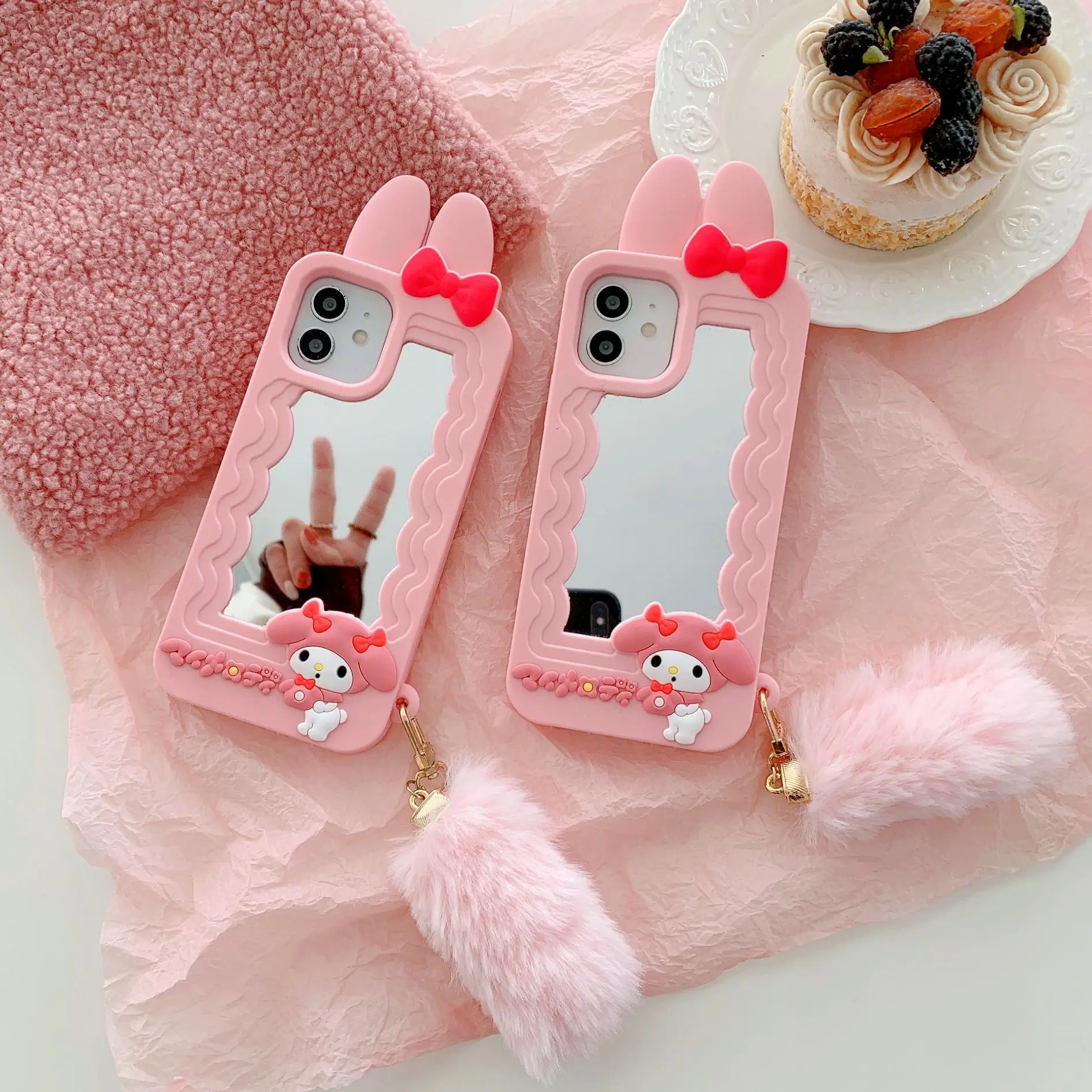 

Mirror Rabbit Ear Tail Silicone Anti Falling Protective Shell on For IPhone 11 12 13 Pro Max Mini X XR 7 8 Plus SE Cover IPhone