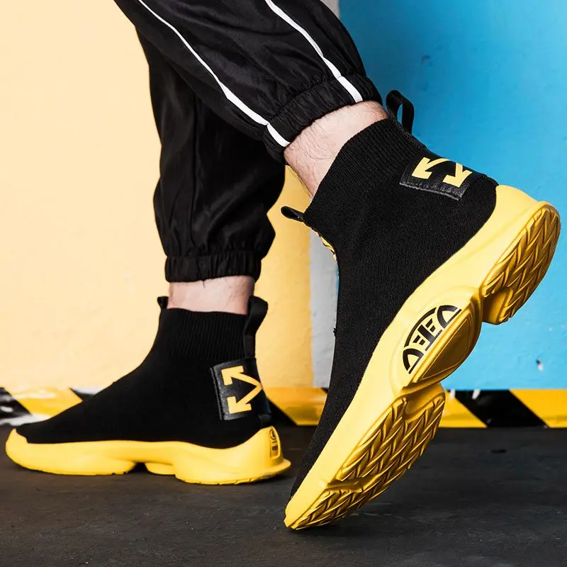 Летние мужские высокие кроссовки размера плюс для бега мужская спортивная обувь мужчин черные вязаные GMB