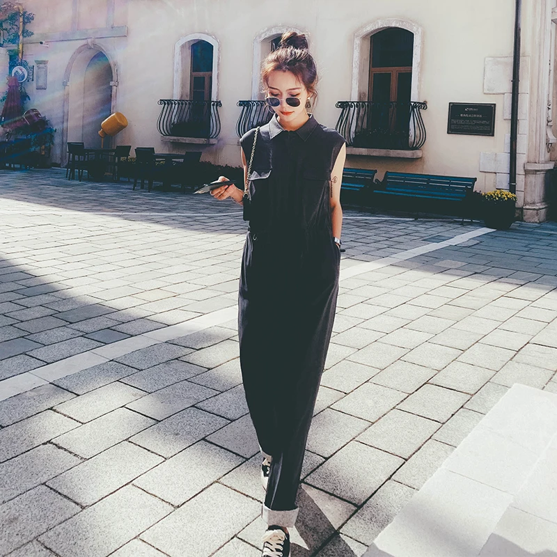 

Women Summer Sleeveless Jumpsuit Drawstring Waist Slim Casual One Piece Pants Overalls Lady Elegant Straight Trouser Romper 2021