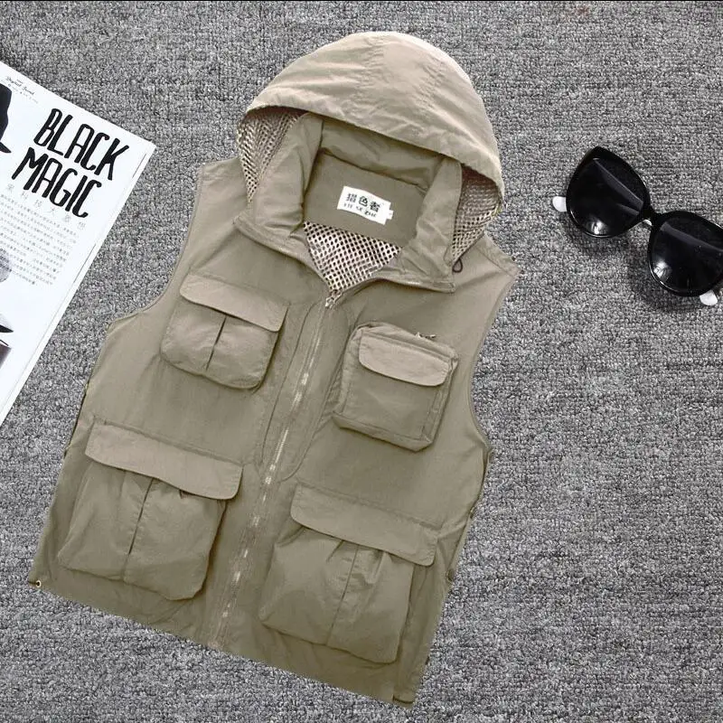 Quick Dry Multi-pocket Photography Fishing Vest Men Advertising Tourism Hunting Breathable Cap Detachable Hiking Camping | Мужская