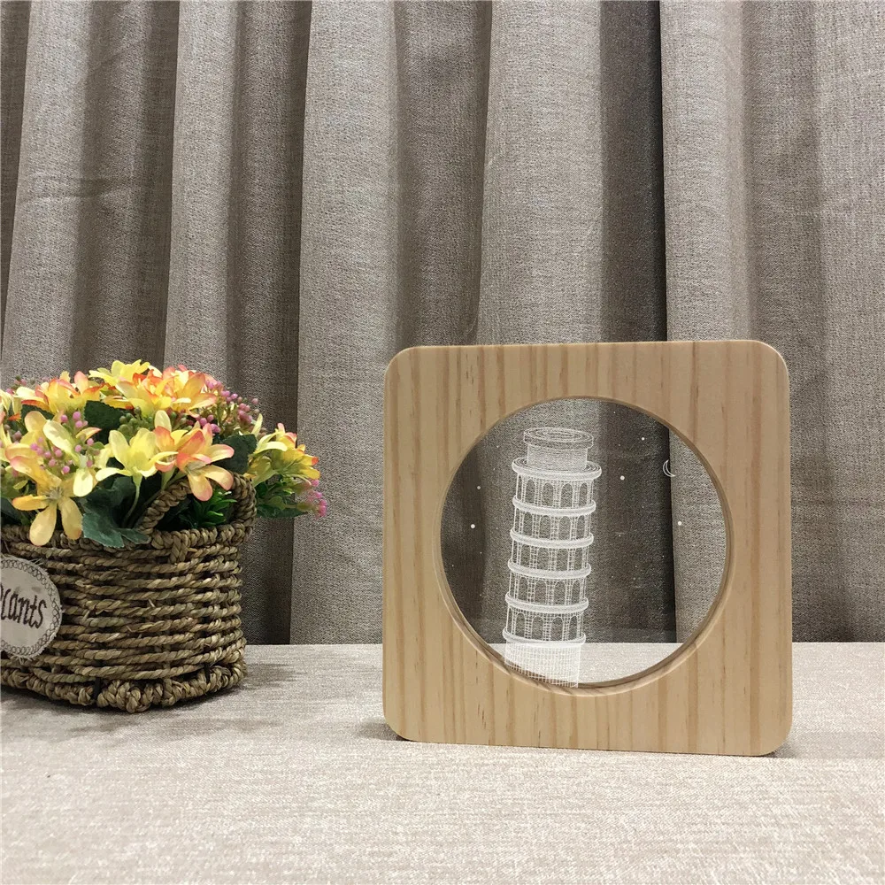 

Leaning Tower of Pisa 3D LED Arylic Wooden Night Lamp Table Light Switch Control Carving Lamp for Children's Room Table Gift