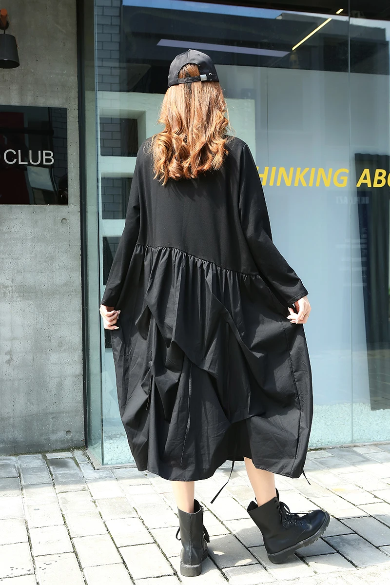 

Pleated Plus Size Dress Fashion New Women 2020 Autumn Patchwork Pullover Minority Loose Style Dress