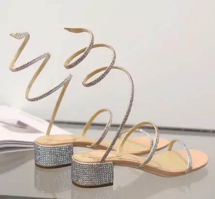 Реальные фотографии женские сандалии со стразами в Форме Змеиной кожи летние