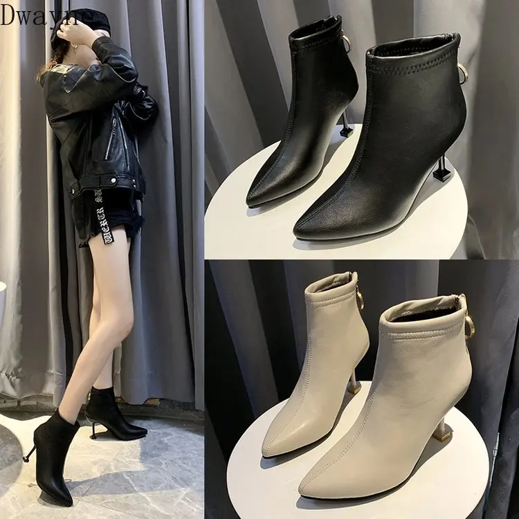 Новинка 2019 осенне зимние женские сапоги на высоком каблуке молнии полуботинки