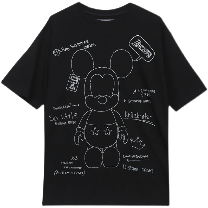 

2021 Summer New High Street Women T-shirt Cute Heavy-duty Hot Drilling Cartoon T Shirts Female Oversized Long Cotton Tops