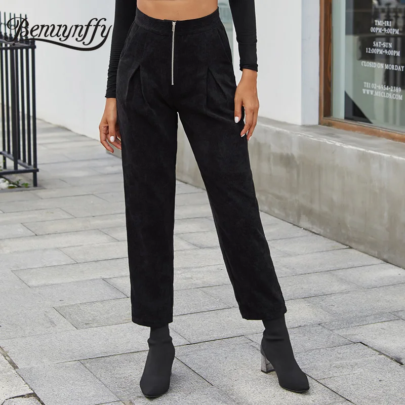 

Benuynffy 2020 Autumn Winter Black Zipper High Waist Pants Women Pockets Zip Fly Corduroy Trousers OL Casual Woman Solid Pants