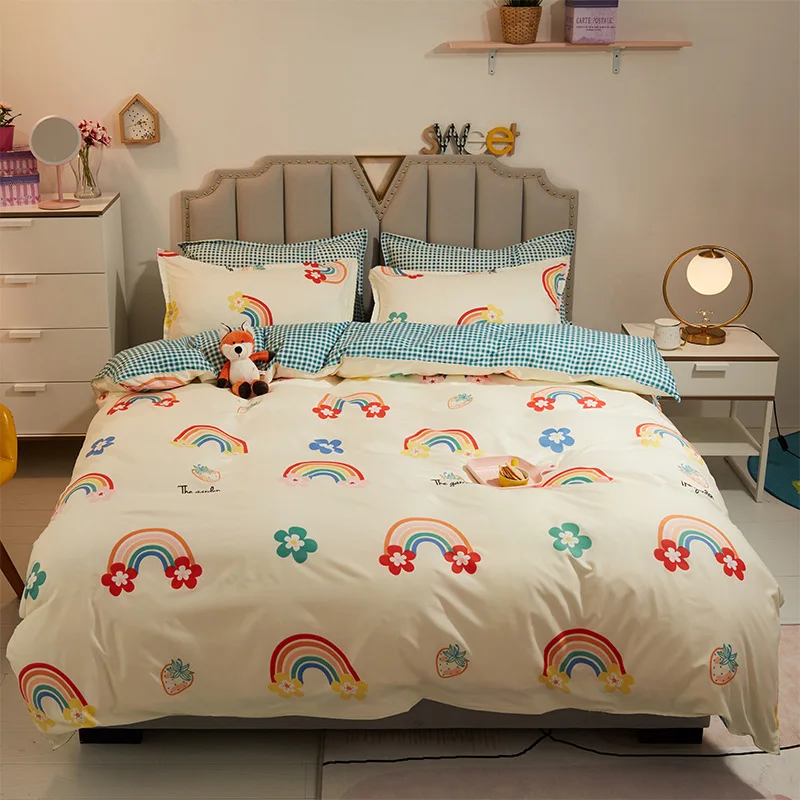 

Lovely Cartoon Style Rainbow Print Bed Sheet 3/4pcs Bedding Sets Aloe Cotton Polyester Fiber A/B Double-Sided Pattern Oceania